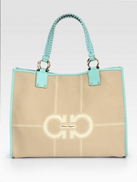 Destined to be one of this season's most coveted totes, a canvas-leather design with woven straps and vibrant, on-trend colorblocking.Double top handles, 8 dropSnap closureOne inside zipper pocketLeather lining15½W X 12H X 6DImported Destined to be one of this season's most coveted totes, a canvas-leather design with woven straps and vibrant, on-trend colorblocking.Double top handles, 8 dropSnap closureOne inside zipper pocketLeather lining15½W X 12H X 6DImported