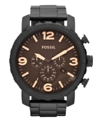 Amber hues and matte black finishes mesh wonderfully on this Nate collection watch by Fossil. Amber hues and matte black finishes mesh wonderfully on this Nate collection watch by Fossil.
