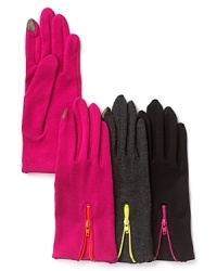 Touch screen compatible fingertips and a contrasting colored zipper accent these stretchy, hand-hugging gloves from Echo. Touch screen compatible fingertips and a contrasting colored zipper accent these stretchy, hand-hugging gloves from Echo.