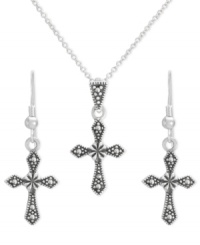 There's more than one way to express your faith. Genevieve & Grace's symbolic and sophisticated jewelry set features a matching cross pendant and drop earrings. Set in sterling silver with marcasite accents. Approximate length: 18 inches. Approximate drop length (pendant): 1 inch. Approximate drop width (pendant): 1/2 inch. Approximate drop length (earrings): 1-3/8 inches. Approximate drop width (earrings): 1/2 inch. There's more than one way to express your faith. Genevieve & Grace's symbolic and sophisticated jewelry set features a matching cross pendant and drop earrings. Set in sterling silver with marcasite accents. Approximate length: 18 inches. Approximate drop length (pendant): 1 inch. Approximate drop width (pendant): 1/2 inch. Approximate drop length (earrings): 1-3/8 inches. Approximate drop width (earrings): 1/2 inch.