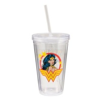 Vandor Wonder Woman 18-Ounce Acrylic Travel Cup with Lid and Straw, Multicolored