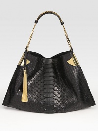 Luxe python finished with a chain strap and tassel detail.Shoulder strap, 6 dropTop snap closureOne inside zip pocketTwo inside open pocketsLeather lining17½W X 10½H X 1DMade in Italy Luxe python finished with a chain strap and tassel detail.Shoulder strap, 6 dropTop snap closureOne inside zip pocketTwo inside open pocketsLeather lining17½W X 10½H X 1DMade in Italy