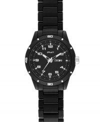 Sleek and sporty in jet black and 100% approved by Mother Earth. This eco-friendly watch by Sprout is crafted from a black corn resin bracelet and round case with mineral crystal. Black corn resin bezel embossed with white numerals and markers. Black bamboo dial features applied nickel numerals, printed minute track, day and date window at three o'clock, nickel hour and minute hands with luminous tips, nickel sweeping second hand and logo. Quartz movement. Limited lifetime warranty. Sleek and sporty in jet black and 100% approved by Mother Earth. This eco-friendly watch by Sprout is crafted from a black corn resin bracelet and round case with mineral crystal. Black corn resin bezel embossed with white numerals and markers. Black bamboo dial features applied nickel numerals, printed minute track, day and date window at three o'clock, nickel hour and minute hands with luminous tips, nickel sweeping second hand and logo. Quartz movement. Limited lifetime warranty.