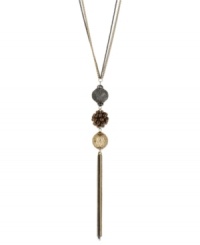 Fringe benefits. Kenneth Cole New York's long necklace showcases hematite tone wire mesh bead, bronze faceted bead fireball bead, gold tone wire wrapped bead with hematite tone chains. Crafted in gold tone and hematite tone mixed metal. Approximate length: 29 inches + 3-inch extender. Approximate drop: 5-3/4 inches. Fringe benefits. Kenneth Cole New York's long necklace showcases hematite tone wire mesh bead, bronze faceted bead fireball bead, gold tone wire wrapped bead with hematite tone chains. Crafted in gold tone and hematite tone mixed metal. Approximate length: 29 inches + 3-inch extender. Approximate drop: 5-3/4 inches.