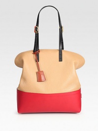 Stash your essentials in this colorblocked silhouette of pebble grain and matte leather.Adjustable double top handles, 8-9½ dropTop zip closureTwo inside open pocketsCenter zip compartmentLinen lining12½W X 13H X 5DMade in Italy Stash your essentials in this colorblocked silhouette of pebble grain and matte leather.Adjustable double top handles, 8-9½ dropTop zip closureTwo inside open pocketsCenter zip compartmentLinen lining12½W X 13H X 5DMade in Italy
