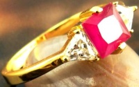 3-Stone Princess Square Shape Prong & Bar Set 1 Carat Simulated Ruby & Trillion Cut White Diamond CZ Side Accented Engagement Ring, 14k Yellow Gold Filled, Size 6 3-Stone Princess Square Shape Prong & Bar Set 1 Carat Simulated Ruby & Trillion Cut White Diamond CZ Side Accented Engagement Ring, 14k Yellow Gold Filled, Size 6