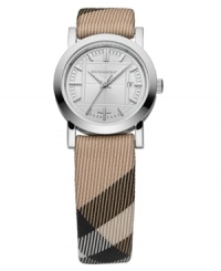 This Burberry timepiece features a Nova Check fabric strap and round stainless steel case. Silvertone engraved dial with tonal stick indices, logo and date window. Swiss made. Swiss movement. Water resistant to 50 meters. Two-year limited warranty. Style #BU1387 This Burberry timepiece features a Nova Check fabric strap and round stainless steel case. Silvertone engraved dial with tonal stick indices, logo and date window. Swiss made. Swiss movement. Water resistant to 50 meters. Two-year limited warranty. Style #BU1387