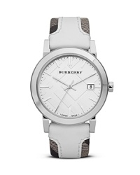 Burberry Silver Watch with White Check Strap, 38mm Burberry Silver Watch with White Check Strap, 38mm