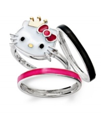 The royal treatment. Hello Kitty's set of three rings is crafted from sterling silver with a 14k gold plated crown and crystals enhancing the fun fashion statement. Size 7. The royal treatment. Hello Kitty's set of three rings is crafted from sterling silver with a 14k gold plated crown and crystals enhancing the fun fashion statement. Size 7.