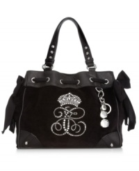 If you dream in couture, this iconic design from Juicy Couture will make every day sweeter. Charming grosgrain bows, shiny silver-tone hardware and rhinestone logo and crown adorn the silhouette, while pockets inside and out organize your essentials. If you dream in couture, this iconic design from Juicy Couture will make every day sweeter. Charming grosgrain bows, shiny silver-tone hardware and rhinestone logo and crown adorn the silhouette, while pockets inside and out organize your essentials.
