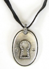 FOSSIL Brand 20 Silvertone & Crystal Keyhole Pendant Necklace on Brown Leather Cord FOSSIL Brand 20 Silvertone & Crystal Keyhole Pendant Necklace on Brown Leather Cord