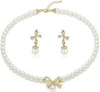 Rhinestone Studded Gold Tone Ribbon Synthetic Pearl Necklace and Earrings Set 3015102