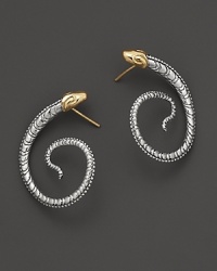 Twining snakes, intricately rendered in sterling silver and finished with 18K yellow gold, recall the mythogy of ancient Greece. By Konstantino. Twining snakes, intricately rendered in sterling silver and finished with 18K yellow gold, recall the mythogy of ancient Greece. By Konstantino.