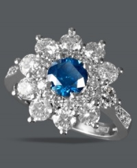 A wonderful depiction of nature, EFFY Collection's sparkling flower-shaped ring features a round-cut blue diamond at center (3/4 ct. t.w.) surrounded by round-cut white diamonds as petals (1-3/4 ct. t.w.). Band crafted in 14k white gold. A wonderful depiction of nature, EFFY Collection's sparkling flower-shaped ring features a round-cut blue diamond at center (3/4 ct. t.w.) surrounded by round-cut white diamonds as petals (1-3/4 ct. t.w.). Band crafted in 14k white gold.