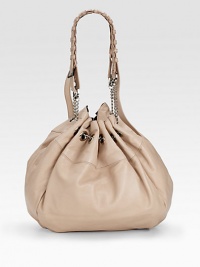 THE LOOKWrapped leather-and-chain shoulder strapsDrawstring top closure with lobster clasp strapMagnetic dual flap closureProtective metal feetOne inside zip pocketThree inside open pocketsTHE FITShoulder straps, 11 drop19W X 14H X 4DTHE MATERIALLeatherFully linedORIGINImported THE LOOKWrapped leather-and-chain shoulder strapsDrawstring top closure with lobster clasp strapMagnetic dual flap closureProtective metal feetOne inside zip pocketThree inside open pocketsTHE FITShoulder straps, 11 drop19W X 14H X 4DTHE MATERIALLeatherFully linedORIGINImported