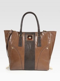 An extra roomy carryall made of soft leather, finished with luxe reptile-embossed accents and side zip gussets. Double top handles, 6½ dropDetachable shoulder strap, 18 dropTurn-lock closureOne outside open pocketOne inside zip pocketTwo inside open pocketsFully lined13¼W X 13½H X 3¼DImported An extra roomy carryall made of soft leather, finished with luxe reptile-embossed accents and side zip gussets. Double top handles, 6½ dropDetachable shoulder strap, 18 dropTurn-lock closureOne outside open pocketOne inside zip pocketTwo inside open pocketsFully lined13¼W X 13½H X 3¼DImported
