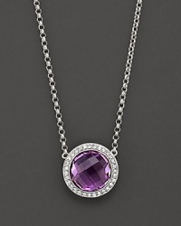 A beautiful faceted amethyst brings this pretty pendant necklace to life, with diamond accents in white gold. A beautiful faceted amethyst brings this pretty pendant necklace to life, with diamond accents in white gold.