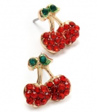 Small Gold Plated Red and Green Crystal Juicy Cherry Charm Stud Earrings Small Gold Plated Red and Green Crystal Juicy Cherry Charm Stud Earrings