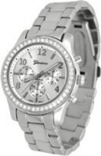 Geneva Chronograph Look with Crystals..SilverTone Metal Link Geneva Chronograph Look with Crystals..SilverTone Metal Link
