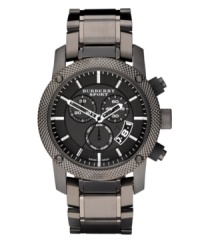 This Burberry timepiece features a gray ion-plated stainless steel bracelet and round case. Black chronograph dial features silver tone stick indices, date window at four o'clock, three subdials and logo. Quartz movement. Water resistant to 100 meters. Two-year limited warranty. This Burberry timepiece features a gray ion-plated stainless steel bracelet and round case. Black chronograph dial features silver tone stick indices, date window at four o'clock, three subdials and logo. Quartz movement. Water resistant to 100 meters. Two-year limited warranty.