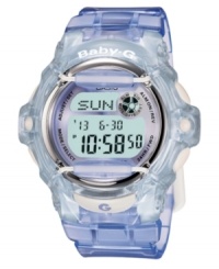 Enter a violet vortex with this hip watch from Baby-G. Clear purple resin strap and round case. Shock-resistant, digital display dial wtih backlight, databank, world time, counter, alarms, countdown, stopwatch, calendar and logo. Quartz movement. Water resistant to 200 meters. One-year limited warranty. Enter a violet vortex with this hip watch from Baby-G. Clear purple resin strap and round case. Shock-resistant, digital display dial wtih backlight, databank, world time, counter, alarms, countdown, stopwatch, calendar and logo. Quartz movement. Water resistant to 200 meters. One-year limited warranty.