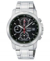 Precision and prestige combine in this multifunctional and handsome watch from Seiko. Silvertone stainless steel bracelet and round case, 40mm. Round black dial with logo, three subdials, date window and stick indices. Quartz movement. Water resistant to 100 meters. Three-year limited warranty. Precision and prestige combine in this multifunctional and handsome watch from Seiko. Silvertone stainless steel bracelet and round case, 40mm. Round black dial with logo, three subdials, date window and stick indices. Quartz movement. Water resistant to 100 meters. Three-year limited warranty.