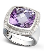 Add a little life to your look with stunning gemstones from Brasil. This cushion-cut ring highlights a luminous amethyst (9-1/2 ct. t.w.) surrounded by a ring of round-cut diamonds (1/10 ct. t.w.). Set in sterling silver. Size 7. Add a little life to your look with stunning gemstones from Brasil. This cushion-cut ring highlights a luminous amethyst (9-1/2 ct. t.w.) surrounded by a ring of round-cut diamonds (1/10 ct. t.w.). Set in sterling silver. Size 7.