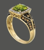 Ornate and elaborate. Indulge yourself in this intricate Le Vian design highlighting a cushion-cut peridot (1-3/4 ct. t.w.) surrounded by round-cut white diamonds (1/10 ct. t.w.) and chocolate diamonds (1/4 ct. t.w.). Crafted in 14k gold. Size 7. Ornate and elaborate. Indulge yourself in this intricate Le Vian design highlighting a cushion-cut peridot (1-3/4 ct. t.w.) surrounded by round-cut white diamonds (1/10 ct. t.w.) and chocolate diamonds (1/4 ct. t.w.). Crafted in 14k gold. Size 7.