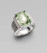 From the Wheaton Collection. A faceted cushion of shimmering prasiolite, edged by rows of diamonds, in a wide cable band of sterling silver. Prasiolite Diamonds, 0.16 tcw Sterling silver Length, about ½ Made in USA