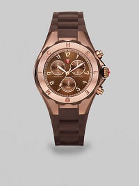 A sporty, yet chic timepiece with technical appeal in warm rose goldtone and complementary silicone. Quartz movementWater resistant to 5 ATMRound rose goldtone stainless steel case, 40mm (1.6) Logo etched bezelBrown chronograph dialNumeric hour markersSecond hand Brown silicone strapImported A sporty, yet chic timepiece with technical appeal in warm rose goldtone and complementary silicone. Quartz movementWater resistant to 5 ATMRound rose goldtone stainless steel case, 40mm (1.6) Logo etched bezelBrown chronograph dialNumeric hour markersSecond hand Brown silicone strapImported