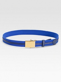 Elastic and saffiano calfskin with signature logo buckle. About 1 wide Made in Italy Elastic and saffiano calfskin with signature logo buckle. About 1 wide Made in Italy