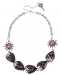 Make a stunning statement with this frontal necklace from Betsey Johnson. Crafted from hematite- and silver-tone mixed metal, the necklace features purple glass crystal accents and gems in teardrop and starburst motifs. Approximate length: 16 inches + 3-inch extender. Approximate drop: 3/4 inch. Make a stunning statement with this frontal necklace from Betsey Johnson. Crafted from hematite- and silver-tone mixed metal, the necklace features purple glass crystal accents and gems in teardrop and starburst motifs. Approximate length: 16 inches + 3-inch extender. Approximate drop: 3/4 inch.