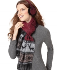Fingers crossed for snow. This reversible scarf featuring a festive Fair Isle pattern will keep you cute and cozy. By David & Young Fingers crossed for snow. This reversible scarf featuring a festive Fair Isle pattern will keep you cute and cozy. By David & Young
