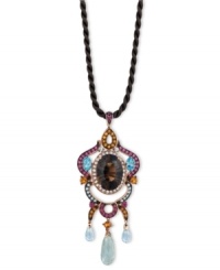 Illuminate your look with a spectrum of color. Le Vian's intricate chandelier pendant combines oval-cut smokey quartz (6-3/4 ct. t.w.), oval and round-cut blue topaz (1-1/4 ct. t.w.), round-cut rhodolite (3/4 ct. t.w.), round-cut citrine (1/2 ct. t.w.), round-cut green amethyst (3-1/5 ct. t.w.), round-cut white topaz (3/8 ct. t.w.) and marquise-cut garnet (3 ct. t.w.). Set in 14k rose gold and strung from a brown silk cord. Approximate length: 18 inches. Approximate drop: 2-3/4 inches. Illuminate your look with a spectrum of color. Le Vian's intricate chandelier pendant combines oval-cut smokey quartz (6-3/4 ct. t.w.), oval and round-cut blue topaz (1-1/4 ct. t.w.), round-cut rhodolite (3/4 ct. t.w.), round-cut citrine (1/2 ct. t.w.), round-cut green amethyst (3-1/5 ct. t.w.), round-cut white topaz (3/8 ct. t.w.) and marquise-cut garnet (3 ct. t.w.). Set in 14k rose gold and strung from a brown silk cord. Approximate length: 18 inches. Approximate drop: 2-3/4 inches.