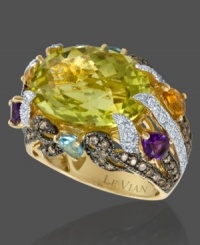 Unique and artistic, this gorgeous big-stone Le Vian 14k gold ring features oval-cut lemon quartz (11-1/2 ct. t.w.), pear-cut blue topaz (9/10 ct. t.w.), round-cut chocolate diamonds (7/10 ct. t.w.), pear-cut citrine (1/2 ct. t.w.) and round-cut tsavorite (2/5 ct. t.w.). Size 7. Unique and artistic, this gorgeous big-stone Le Vian 14k gold ring features oval-cut lemon quartz (11-1/2 ct. t.w.), pear-cut blue topaz (9/10 ct. t.w.), round-cut chocolate diamonds (7/10 ct. t.w.), pear-cut citrine (1/2 ct. t.w.) and round-cut tsavorite (2/5 ct. t.w.). Size 7.
