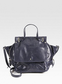 Luxurious viper embossed leather in a roomy top-handle carryall with a comfortable shoulder strap, perfectly sized for all your essentials.Double top handles, 2 dropShoulder strap, 18 dropFlap stud closureTwo outside open pocketsExpandable side zippersOne inside zip pocketOne detachable mini flashlightCotton lining9W X 9½H X 7½DImported Luxurious viper embossed leather in a roomy top-handle carryall with a comfortable shoulder strap, perfectly sized for all your essentials.Double top handles, 2 dropShoulder strap, 18 dropFlap stud closureTwo outside open pocketsExpandable side zippersOne inside zip pocketOne detachable mini flashlightCotton lining9W X 9½H X 7½DImported