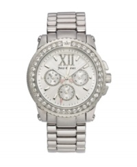 Sugar and spice and plenty of ice. Juicy Couture goes for nothing but shine with the Pedigree watch. Stainless steel bracelet and round case. Bezel crystallized with Swarovski elements and crown logo at top. Textured white dial features crystal-accented Roman numeral at twelve o'clock, three subdials ringed with crystals and luminous hands with touches of pink. Quartz movement. Water resistant to 30 meters. Two-year limited warranty. Sugar and spice and plenty of ice. Juicy Couture goes for nothing but shine with the Pedigree watch. Stainless steel bracelet and round case. Bezel crystallized with Swarovski elements and crown logo at top. Textured white dial features crystal-accented Roman numeral at twelve o'clock, three subdials ringed with crystals and luminous hands with touches of pink. Quartz movement. Water resistant to 30 meters. Two-year limited warranty.