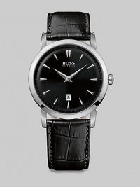 Tradition returns with this stainless steel quartz timepiece, in an ultra-slim case that is 9mm thick. A croc-embossed leather strap with pin buckle ensures comfort while the sophisticated Dauphine hands ensure this watch will never go out of style.Quartz movementRound bezelWater resistant to 3ATMDate display at 6 o'clockSecond handStainless steel case: 40mm (1.57)Leather strap braceletImported Tradition returns with this stainless steel quartz timepiece, in an ultra-slim case that is 9mm thick. A croc-embossed leather strap with pin buckle ensures comfort while the sophisticated Dauphine hands ensure this watch will never go out of style.Quartz movementRound bezelWater resistant to 3ATMDate display at 6 o'clockSecond handStainless steel case: 40mm (1.57)Leather strap braceletImported