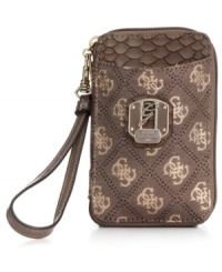 Dial up the fab factor with this chic silhouette from GUESS that stashes your phone, cards, cash and ID in superb style. Outfitted with golden hardware and signature pattern with posh python print trim, it's easy to see why this design is so diva-licious. Dial up the fab factor with this chic silhouette from GUESS that stashes your phone, cards, cash and ID in superb style. Outfitted with golden hardware and signature pattern with posh python print trim, it's easy to see why this design is so diva-licious.
