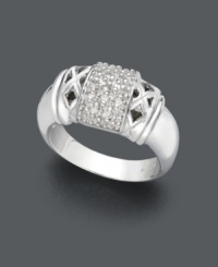 A diamond ring like no other. This delightfully-intricate design features a unique crisscross pattern adorned with rows of round-cut diamonds at center (1/8 ct. t.w.). Band and setting crafted in polished sterling silver. Size 7. A diamond ring like no other. This delightfully-intricate design features a unique crisscross pattern adorned with rows of round-cut diamonds at center (1/8 ct. t.w.). Band and setting crafted in polished sterling silver. Size 7.
