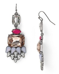 Your look gets an instant hit of Deco drama with this pair of Aqua linear crystal drop earrings, accented by frosted gemstones and metallic spikes. Your look gets an instant hit of Deco drama with this pair of Aqua linear crystal drop earrings, accented by frosted gemstones and metallic spikes.