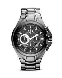 Armani Exchange's graphite watch perfects sleek style. Chronograph movement adds function, while a bold face and oversized case command attention beneath a suit sleeve. Armani Exchange's graphite watch perfects sleek style. Chronograph movement adds function, while a bold face and oversized case command attention beneath a suit sleeve.