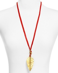 Earthy with an edge, this leather strap necklace from Vanessa Mooney features a simple leaf pendant cast in plated brass. Earthy with an edge, this leather strap necklace from Vanessa Mooney features a simple leaf pendant cast in plated brass.