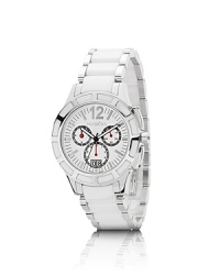 A sporty ceramic and stainless stain watch from PANDORA, featuring a chronograph dial and the collection's signature black diamond crown. A sporty ceramic and stainless stain watch from PANDORA, featuring a chronograph dial and the collection's signature black diamond crown.