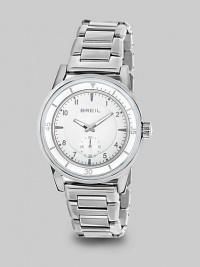 From the Orchestra Collection. A classic timepiece in sleek stainless steel. Quartz movementWater resistant to 10 ATMRound stainless steel case, 40.5mm (1.6)White-plated bezelWhite dialNumeral hour markersSecond hand sub-dialStainless steel link braceletImported From the Orchestra Collection. A classic timepiece in sleek stainless steel. Quartz movementWater resistant to 10 ATMRound stainless steel case, 40.5mm (1.6)White-plated bezelWhite dialNumeral hour markersSecond hand sub-dialStainless steel link braceletImported