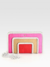 Woven colorblocked straw in a slim zip-around bag, finished with rich leather trim.Zip-around closureOne inside zip pocketFour credit card slotsCotton lining11W X 6¾H X 1DImported Woven colorblocked straw in a slim zip-around bag, finished with rich leather trim.Zip-around closureOne inside zip pocketFour credit card slotsCotton lining11W X 6¾H X 1DImported