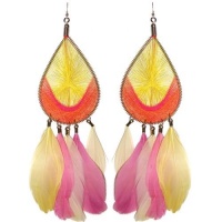 7 3/4 Long Feather Earrings with String Woven Teardrop Top In Orange with Yellow Finish 7 3/4 Long Feather Earrings with String Woven Teardrop Top In Orange with Yellow Finish