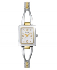 With two luminous metallic tones and artful elegance, this Caravelle by Bulova watch beams with sophistication. Two-tone mixed metal bangle bracelet. Rectangular mixed metal case and rectangular white dial with logo and numeral indices. Quartz movement. Moisture resistant. Three-year limited warranty. With two luminous metallic tones and artful elegance, this Caravelle by Bulova watch beams with sophistication. Two-tone mixed metal bangle bracelet. Rectangular mixed metal case and rectangular white dial with logo and numeral indices. Quartz movement. Moisture resistant. Three-year limited warranty.