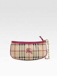 This compact silhouette with classy goldtone chain features classic checks on a long lasting PVC/cotton blend.Wristlet chain, 6 drop Top zip closure Nylon lining PVC/Cotton 9½W X 4½H X 1½D Made in Italy This compact silhouette with classy goldtone chain features classic checks on a long lasting PVC/cotton blend.Wristlet chain, 6 drop Top zip closure Nylon lining PVC/Cotton 9½W X 4½H X 1½D Made in Italy