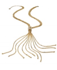 Whip your style into shape. Swishing chains in a lariat design pair with a crystal-accented station clasp to create a sleek look on this Alfani necklace. Set in 12k gold-plated mixed metal. Approximate length: 25 inches + 3-inch extender. Approximate drop: 7-1/2 inches. Whip your style into shape. Swishing chains in a lariat design pair with a crystal-accented station clasp to create a sleek look on this Alfani necklace. Set in 12k gold-plated mixed metal. Approximate length: 25 inches + 3-inch extender. Approximate drop: 7-1/2 inches.